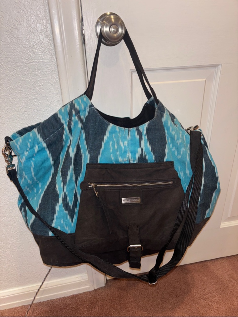 Blue Ikat Tote Bag with Black Suede Trim Vintage Tylie Malibu carryall duffle